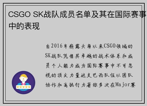 CSGO SK战队成员名单及其在国际赛事中的表现